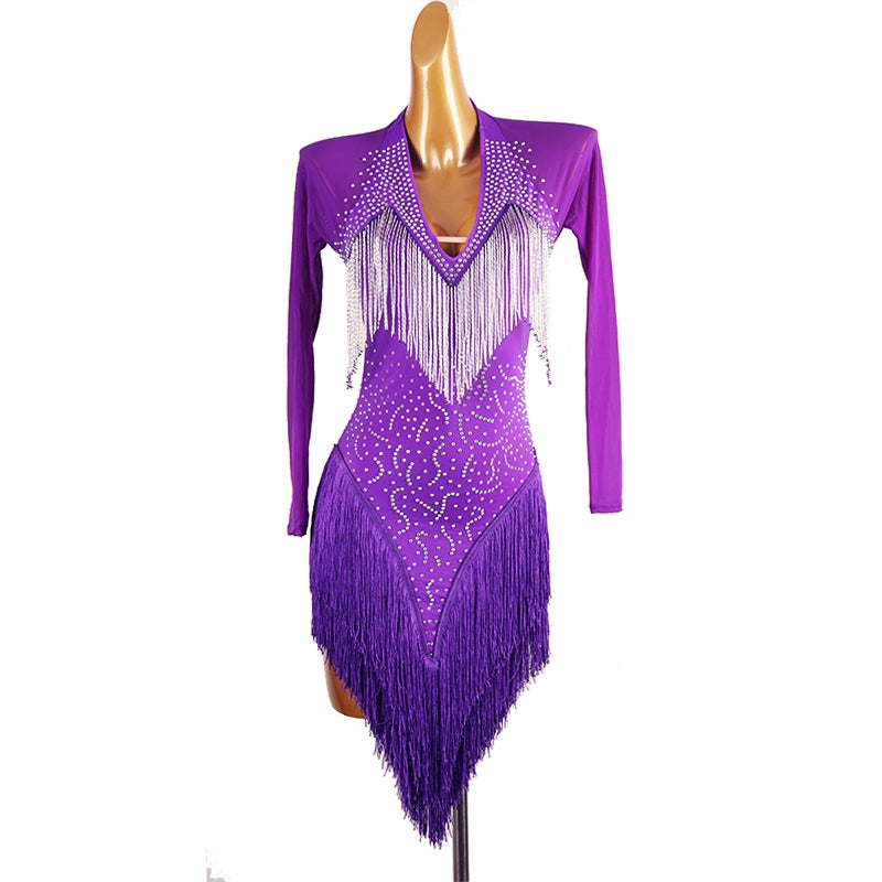 White Red Blue Fringe  Latin Dance Dress for Women Girls Purple Long Sleeves Rhinestones Competition Performance Rumba Chacha Dancing Costumes for Female