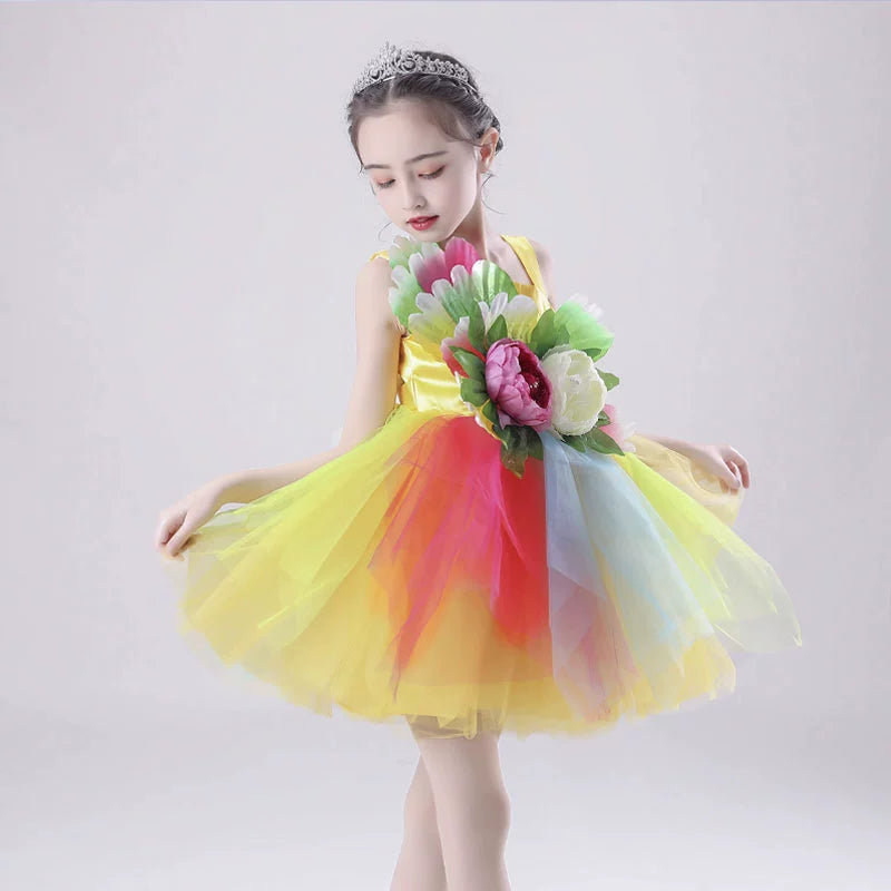 Children's Petal Sequins Jazz Dance Costume Kindergarten Chorus Performance Outfits Princess Tutu Skirt Princess Dresses for Girls