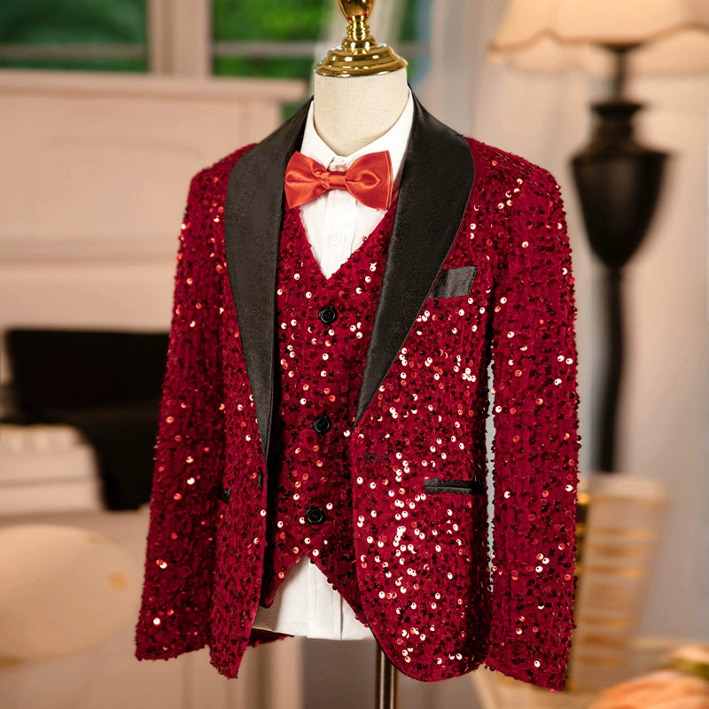 Boys Red Sequins Jazz Dance Coats Kids Singers Host Choir Model Piano Performance Blazers Wedding Party Flowers Boys Jackets Photos Shooting Suit