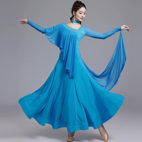 Orange Wien Blue Slant Neck Ballroom Dance Dresses for Women Girls National Standard Waltz Tango Social Professional Competitions Long Gown