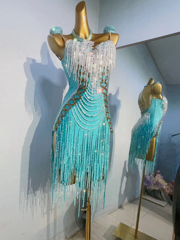 Custom Size Turquoise Bling Fringe Competition Latin Dance Dresses for Girls Women Professional Art Examination Latin Salsa Chacha Dance Costumes