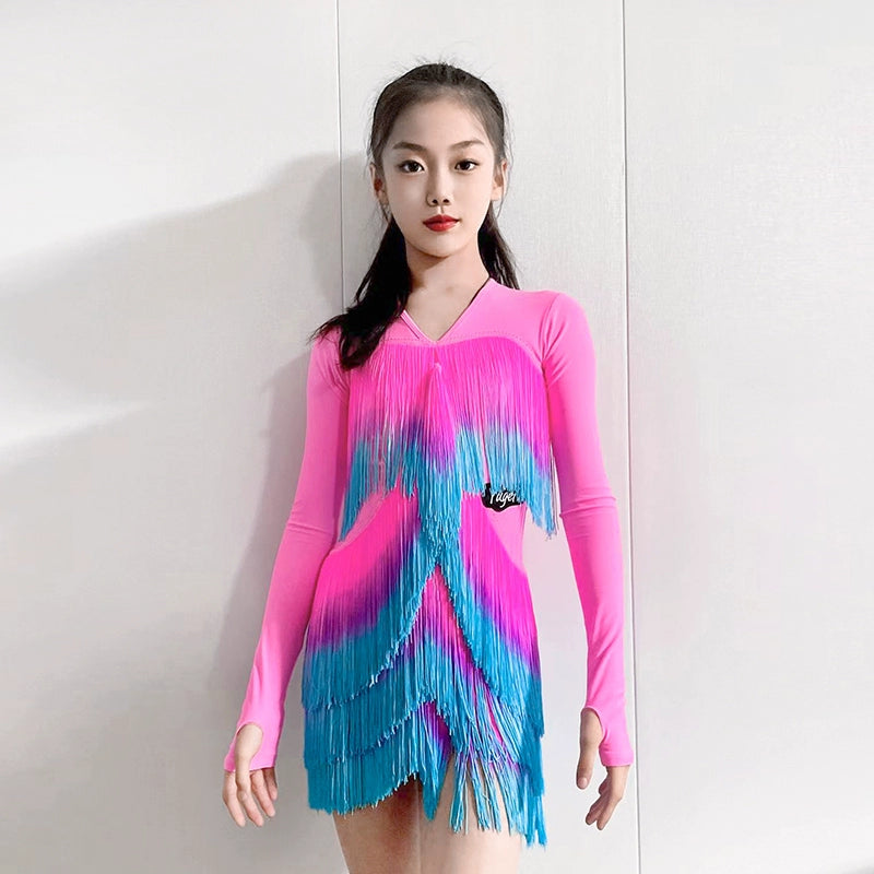 Navy Hot Pink Blue Gradient Fringe Long Sleeves Latin Dance Dresses for Girls Kids Salsa Rumba Chacha Party Performance Outfits for Children