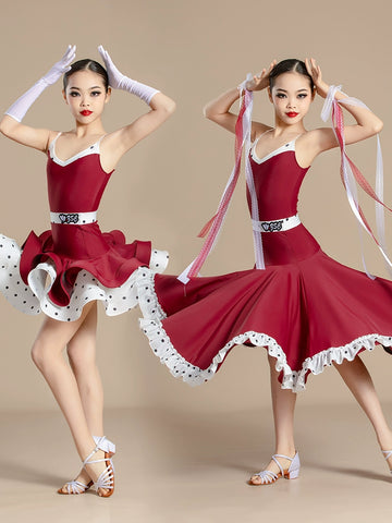 Red polka dot Latin ballroom dance dresses for kids girls national ballroom waltz tango dance costumes art test performance outfits