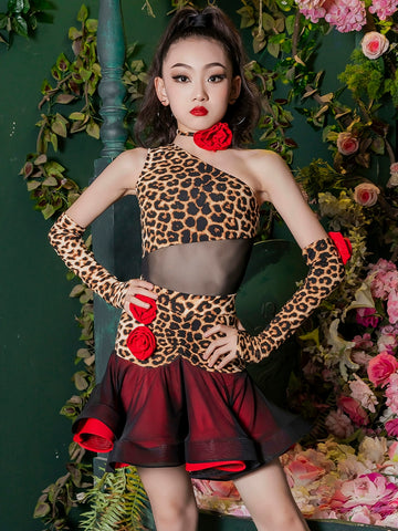 Children's leopard red rose Latin dance costume slant neck girls ballroom salsa rumba chacha latin performance dresses for kids