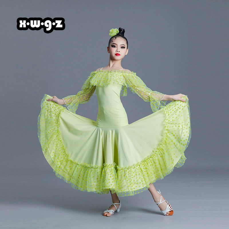 Girls Kids Pink Green Blue Polka Lace Ballroom Dance Dresses Children Ballroom National Ballroom Dance Long Sleeve Dew Shoulder Stage Performance Costumes for Kids