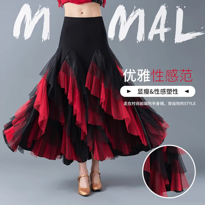 Modern Skirt Ballroom Dance Skirt Female Adult National Standard Dance Half-length Skirt Waltz Ballroom Dance Skirt - 