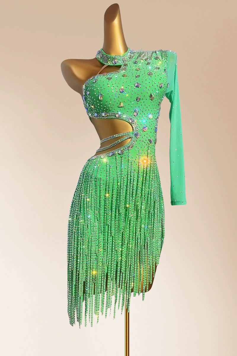 Custom size green fringed rhinestones Latin dance dress for women girls kids children salsa rumba chacha dance solo dance flower clothes blackpool art clothes