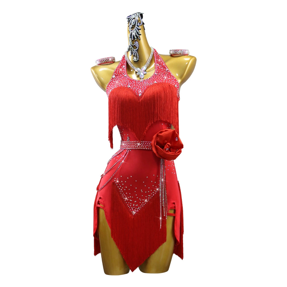 Red Latin Dance Fringed Dresses for Women Girls Salsa Rumba Chacha Professional Dance Competition Performance Solo Dance Skirts