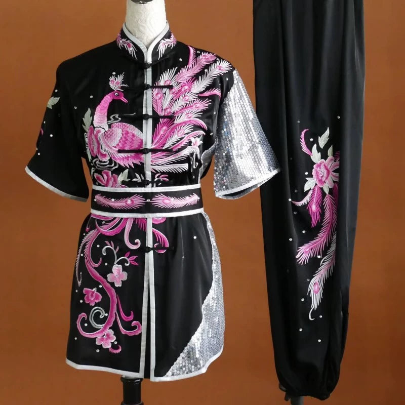 Customized size Embroidered Phoenix Competition Chinese Kungfu uniforms wushu performance Taichi clothing Changquan Nanquan Suit for adult kids