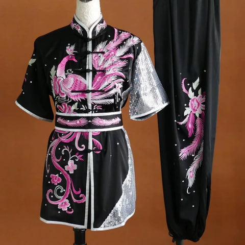 Customized size Embroidered Phoenix Competition Chinese Kungfu uniforms wushu performance Taichi clothing Changquan Nanquan Suit for adult kids