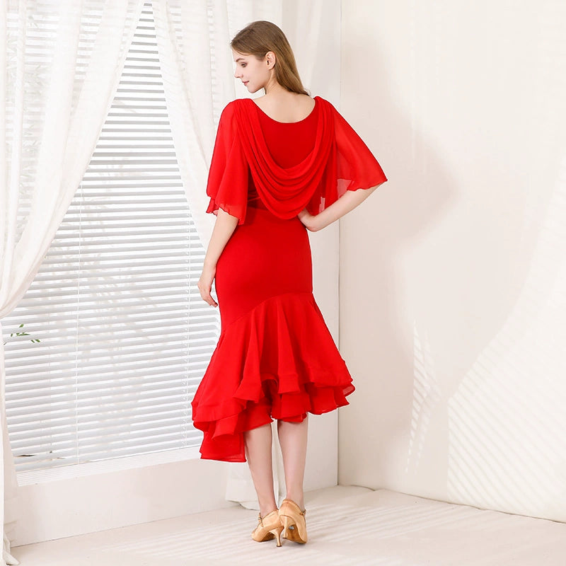 Long Latin Dance Dress for Women Red Modern Ruffles Sleeves Ballroom Dance Costume Waltz Tango Performance Clothes for Female