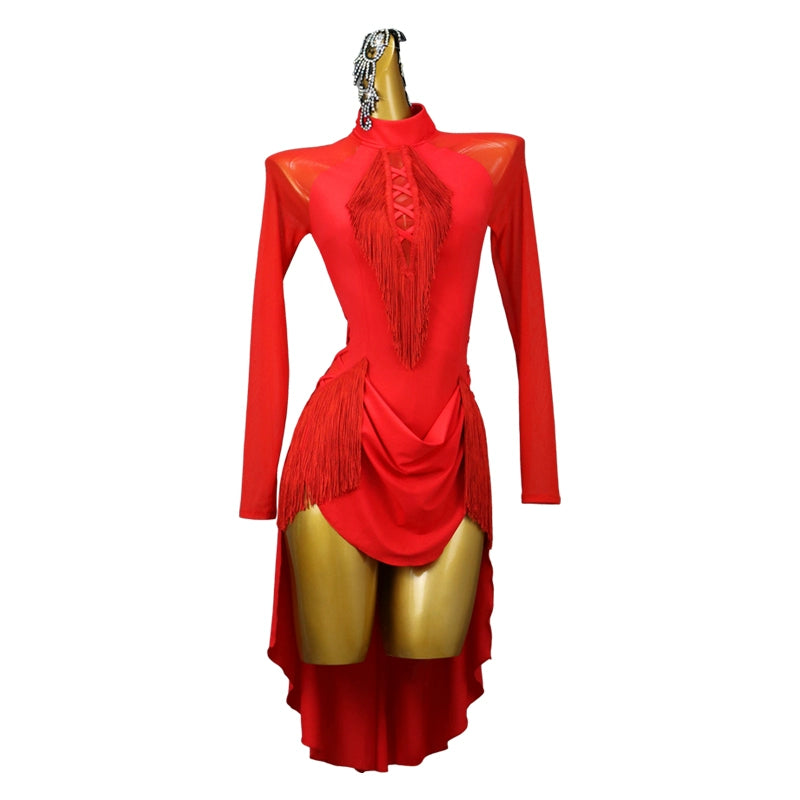 Red Fringe Latin Dance Dresses for Women Girls Slasa long sleeves Rumba Chacha Tassel Tuxedo Dress Solo Dance Costumes