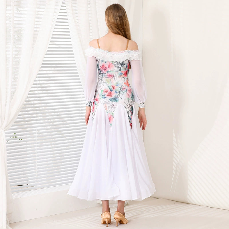 White Floral Ballroom Dance Dresses for Women Girls Waltz Tango Flamenco Dew Shoulder Dancing Long Gown for Female