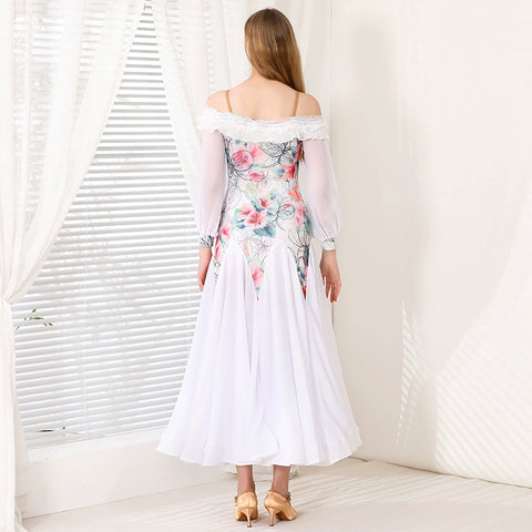 White Floral Ballroom Dance Dresses for Women Girls Waltz Tango Flamenco Dew Shoulder Dancing Long Gown for Female