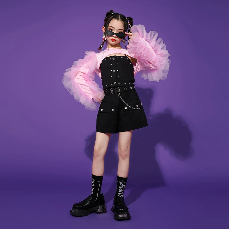 Girls Pink Jazz Dance Costumes for Boys Kids Hip Hop Rapper Singer Street Model Runway Kids Catwalk Party Performance Clothing