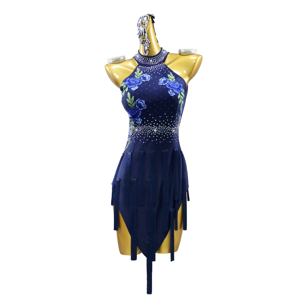 Navy Flowers Latin Dance Competition Dresses for Women Girls Halter Neck Sleeveless Salsa Rumba Chacha Solo Performance Outfits