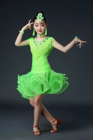 Kids Girls Competition Tassel Latin Dance Dresses Orange Red White Green Salsa Chacha Latin Party Performance Costume