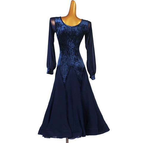 Bubble Sleeve Navy Velvet Modern Ballroom Dance Dresses for Women Girls V-neck National Waltz Tango Foxtrot Smooth Dance Long Gown