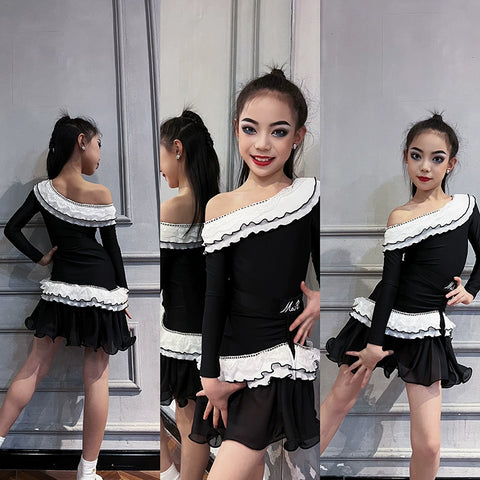 Children Girls Black White Slant Neck Latin Dance Dresses for Kids Latin Ballroom Dance Training Performance Costumes