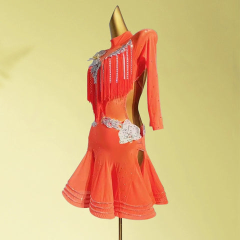 Custom Size Orange Green Latin Dance Dresses for Women Girls Competition Fringed Salsa Chacha Rumba Dance Skirt