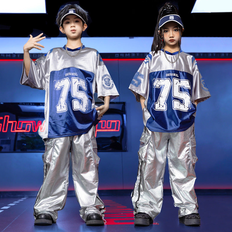 Street Hip Hop Jazz Dance Costumes for Girls Boys Rapper Singers Glitter Dance Blue Silver Clothing Gogo Dancers Modern Dance Outfits for Children