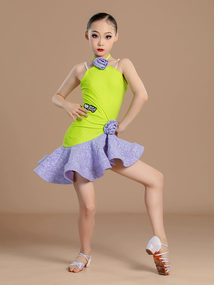 Latin dance dresses for girls kids green purple ballroom salsa performance outfits for children's suspender dance training clothes