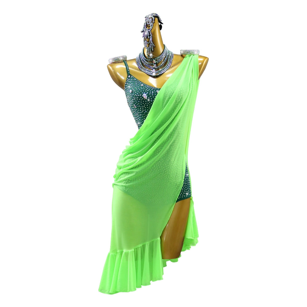 One Shoulder Neon Green Gemstones Latin Dance Competition Dresses for Women Girls Salsa Rumaba Chacha Latin Performance Costumes