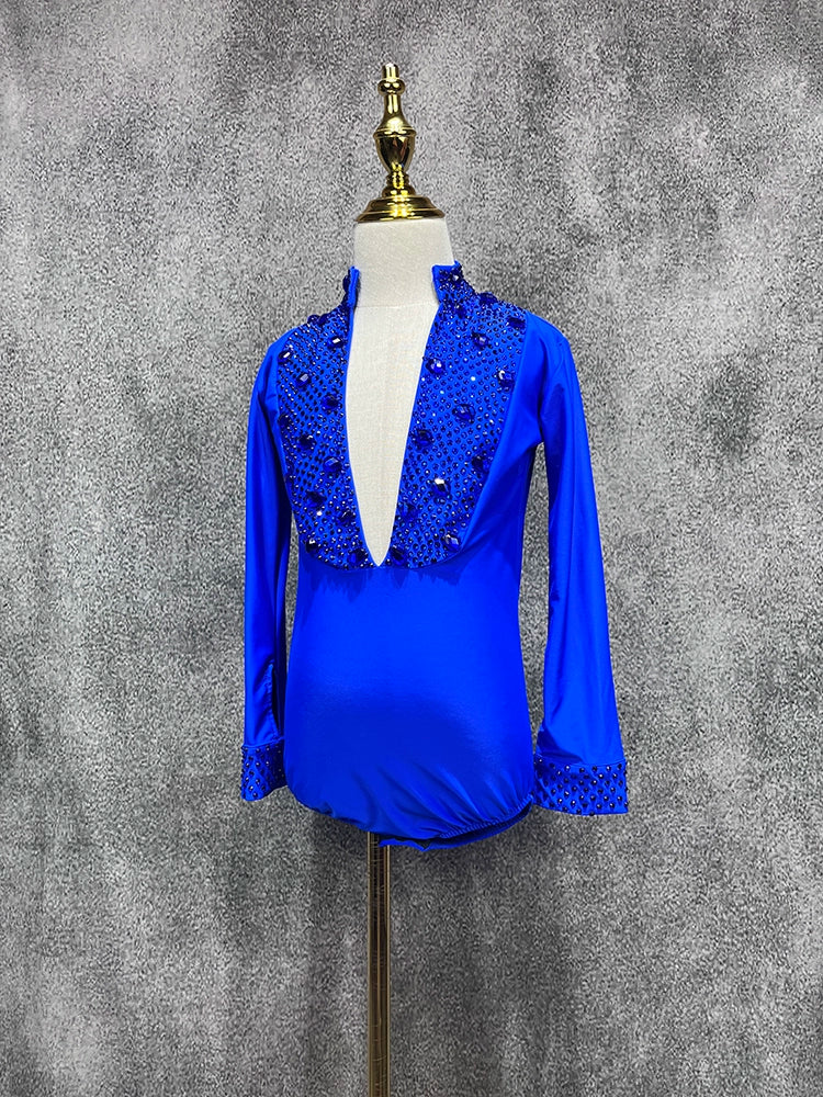 Custom Size Royal Blue Competition Latin Ballroom Dance Shrits for Boys Kids Children Salsa Waltz Latin Performance Gemstones Top