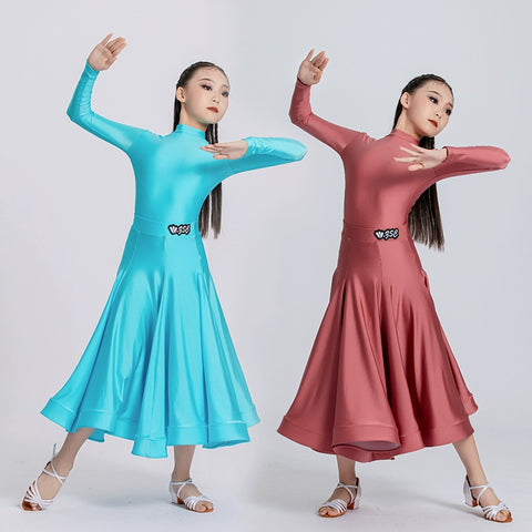 Blue Red Ballroom Dance Dresses for Girls Kids Long-sleeved  Latin Tango Waltz Juvenile Performance Long Gown Art Test Performance Skirts