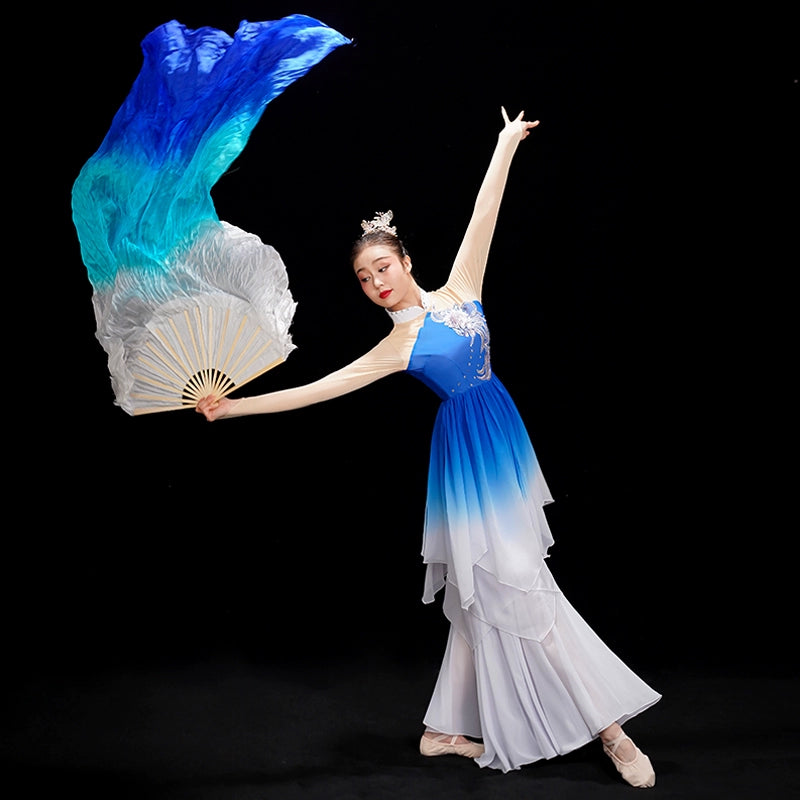 women blue gradient chinese Classical folk dance costumes for women girls solo dance art test umbrella fan dance yangko dacne hanfu