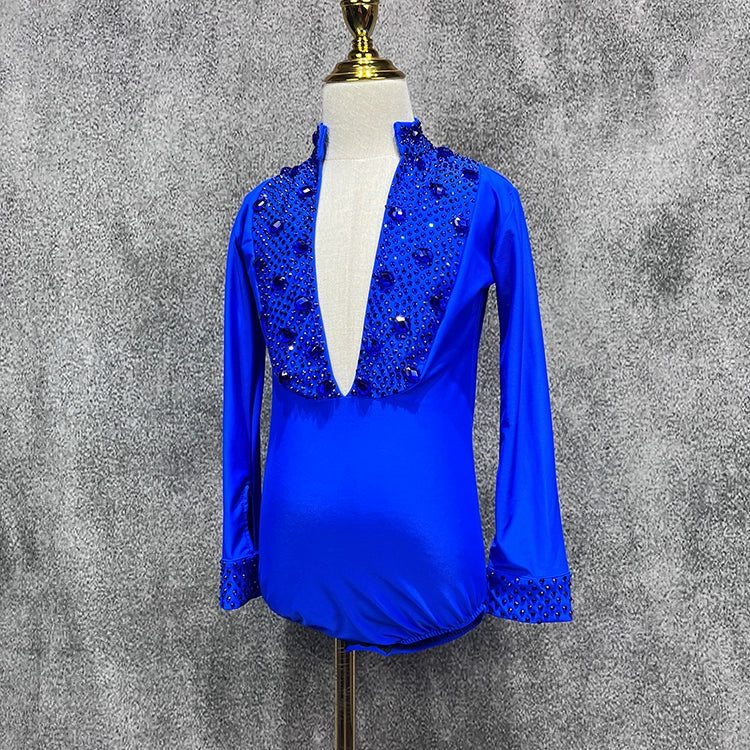 Custom Size Royal Blue Competition Latin Ballroom Dance Shrits for Boys Kids Children Salsa Waltz Latin Performance Gemstones Top