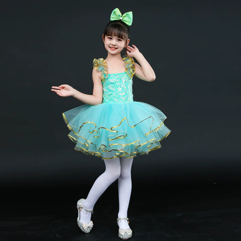 Children Pink Green Sequin Jazz Dance Dress Tutu Skirts Ballet Dress Toddler Pianist Princess Choir Performance Costumes