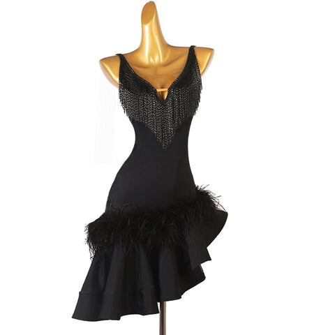 Black Diamond Feather Latin Dance Dresses for Women Girls Salsa Rumba Chacha Performance Competition Costume Sleeveless