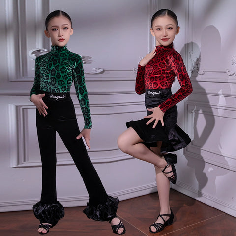 Children's Green Red Leopard Velvet  Latin Dance Dresses for Girls Juvenile Salsa Rumba Chacha Ballroom Dancing Costumes for Kids