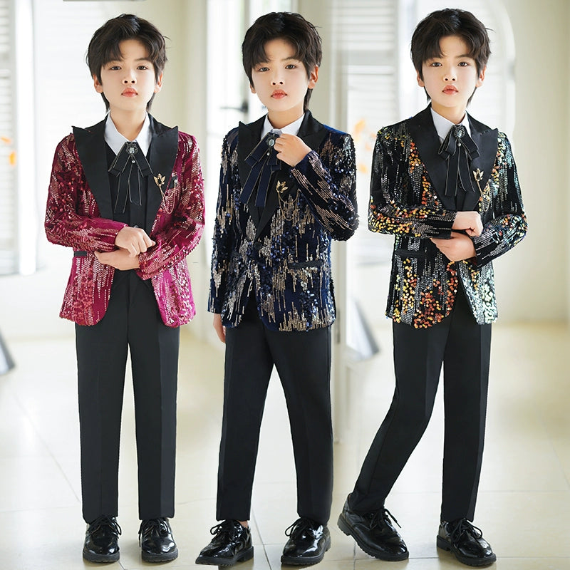 Boys Shiny Navy Red Colorful Sequins Jazz Dance Blazers Kids Singers Host Choir Perform Jacket Wedding Party Flowers Boys Piano Performance Dress Coats