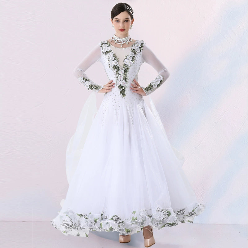 Women's Competition ballroom dance dresses for girls white pink blue waltz tango foxtrot rhythm moving dance long gown with float sleeves