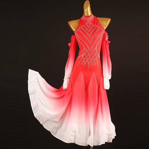 Red Gradient Rhinestones Competition Ballroom Dance Dresses for Women Girls Hollow Shoulder Waltz Tango  Performance Gown for Female