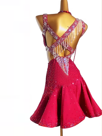 Custom Size Wine Rhinestones Competition Latin Dance Dresses for Women Girls Salsa Rumba Chacha Dance Performance Outfits Solo Dance Wear