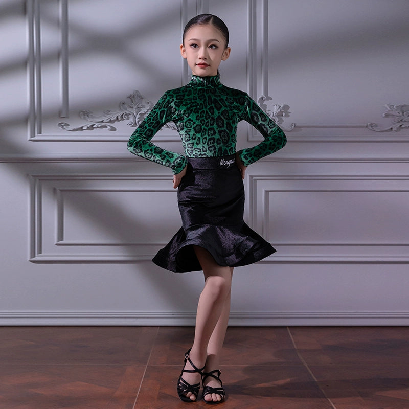 Children's Green Red Leopard Velvet  Latin Dance Dresses for Girls Juvenile Salsa Rumba Chacha Ballroom Dancing Costumes for Kids