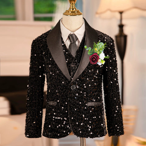 Children Boys Jazz Dance Black Sequined Coat Wedding Party Flower Boys Dress Suit Boy Host Pianist Performance Jacket British Style