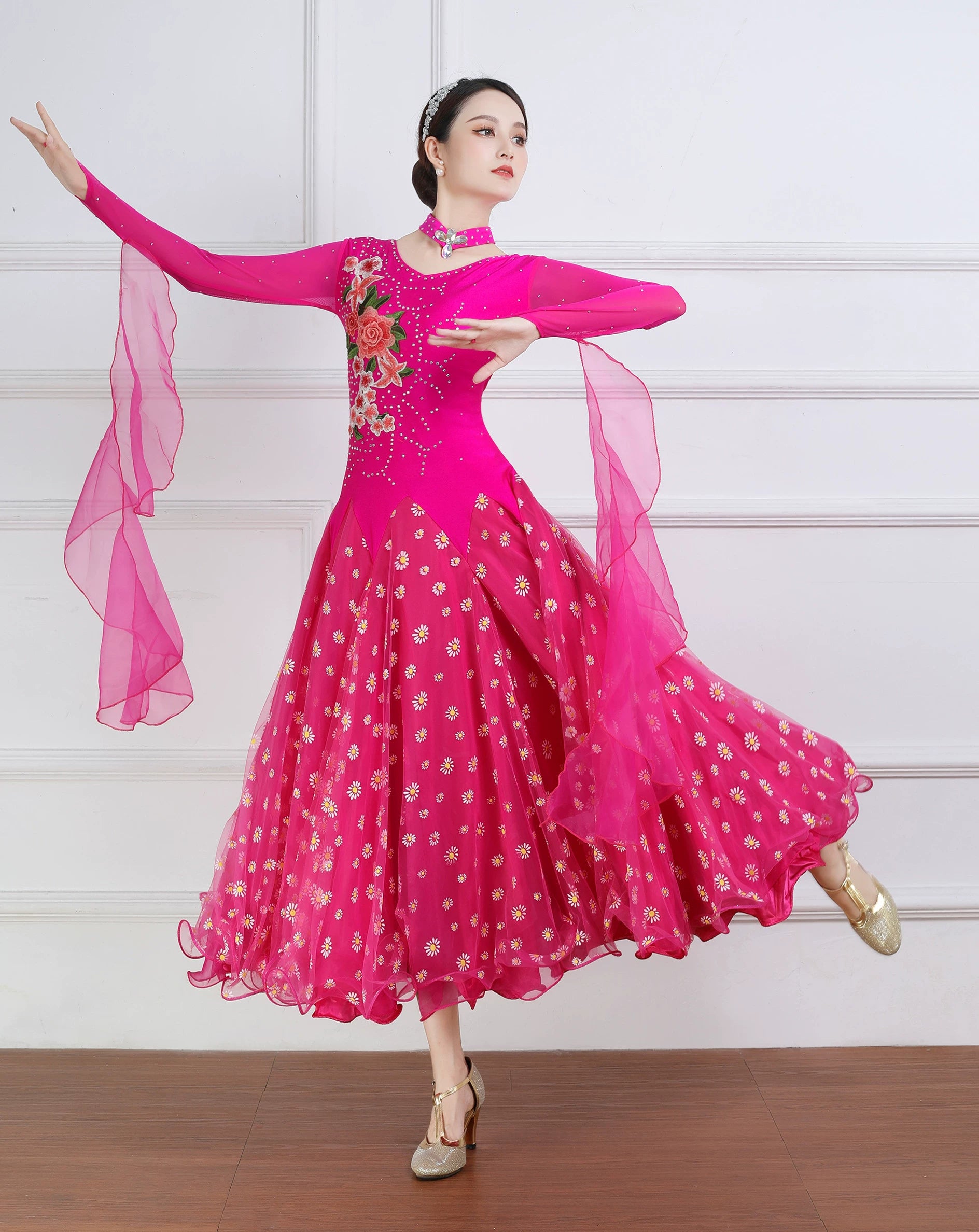 Custom Size Flowers Fuchsia Ballroom Dance Dresses for Women Girls Rhinestones Waltz Tango Rhythm Smooth Dance Long Swing Skirts