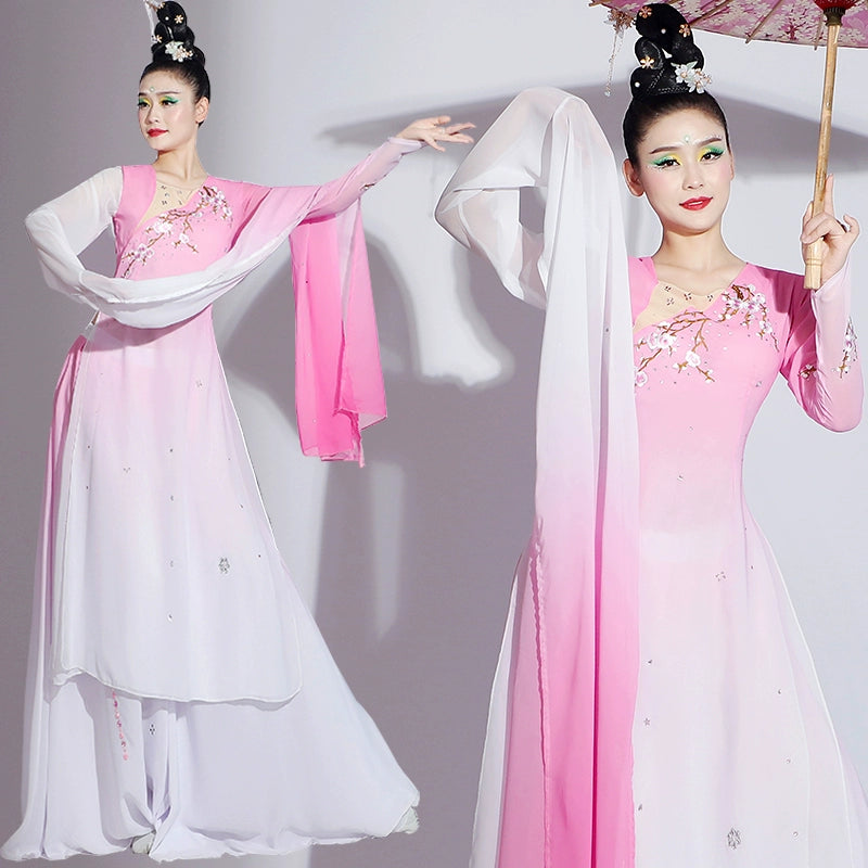 Pink gradient Chinese folk Classical dance costumes for women girls water sleeves jinghong art test dance hanfu fairy dress