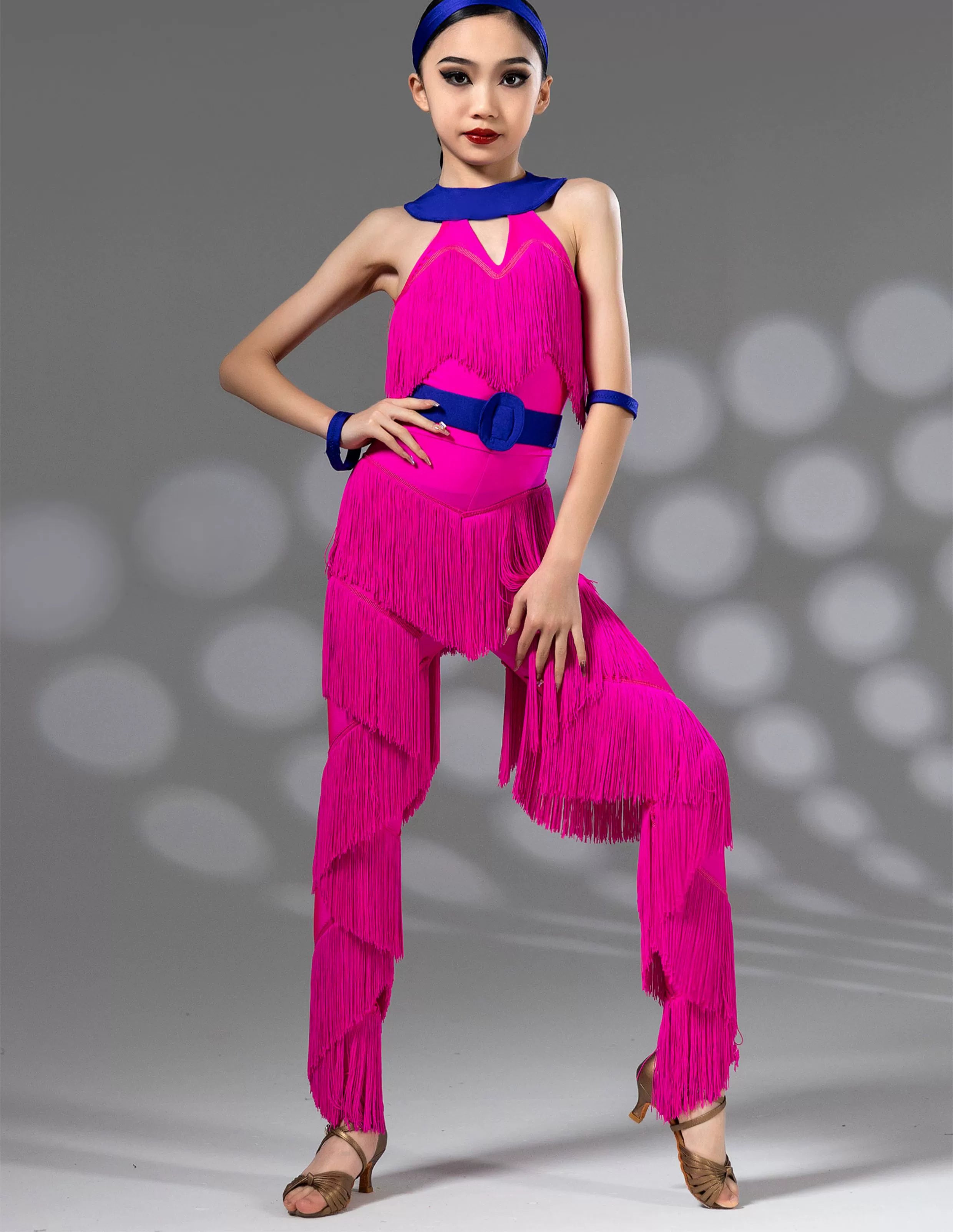 Hot Pink Blue Fringe Latin Dance Costumes for Kids Girls Salsa Rumba Chacha Dancing Jumpsuit Modern Performance Rompers for Children