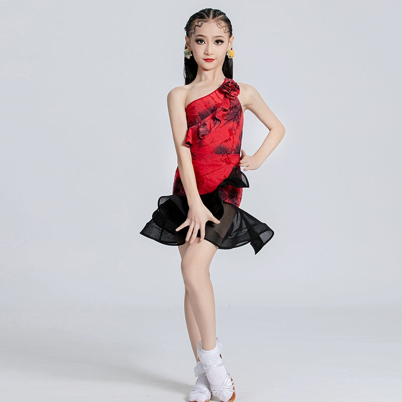 Girl red Latin dance dresses pink salsa ballroom latin competition performance suit