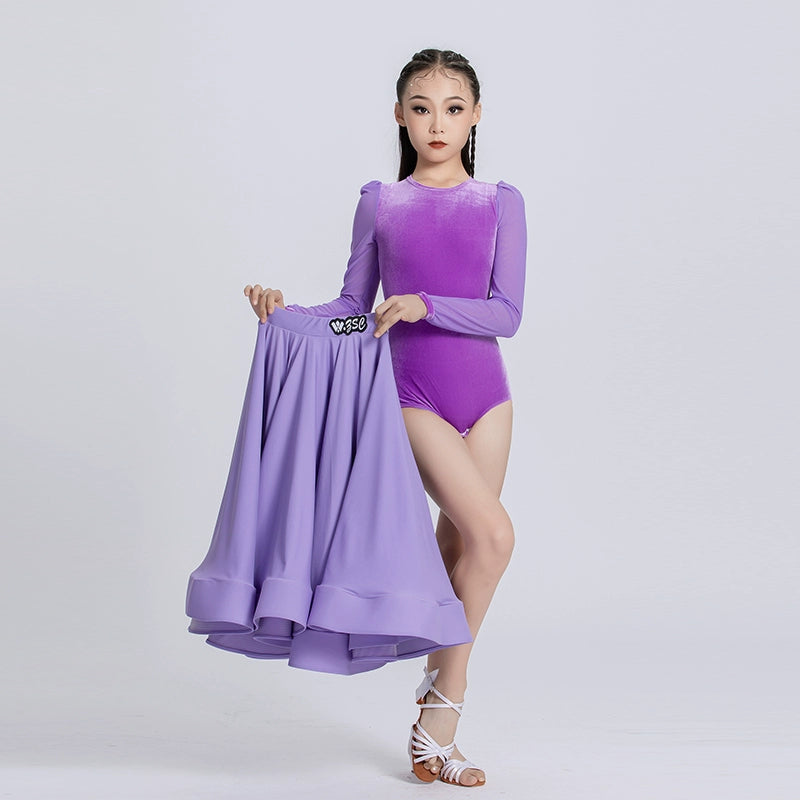 Light Purple Velvet Ballroom Dance Dresses for Girls Kids Children Waltz Tango Ballroom Performance Uniforms Party Performance Praise Dress