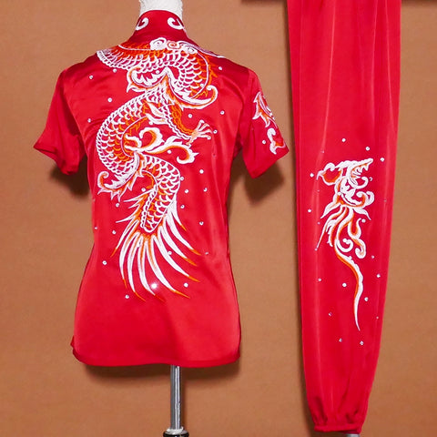 Custom Size Chineses Kung Fu Uniforms Dragon Embroidery Red Short Sleeve Long Fist Nanquan Wushu Exam Competition Uniforms for Adult Kids