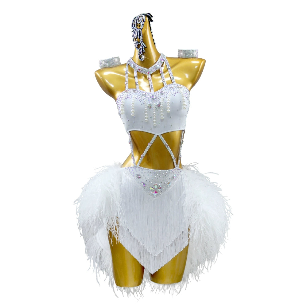 White Feather Latin Dance Dress for Women Girls Kids Blackpool Salsa Rumba Cha Cha Latin Dance Competition Performance Costumes Out Fits