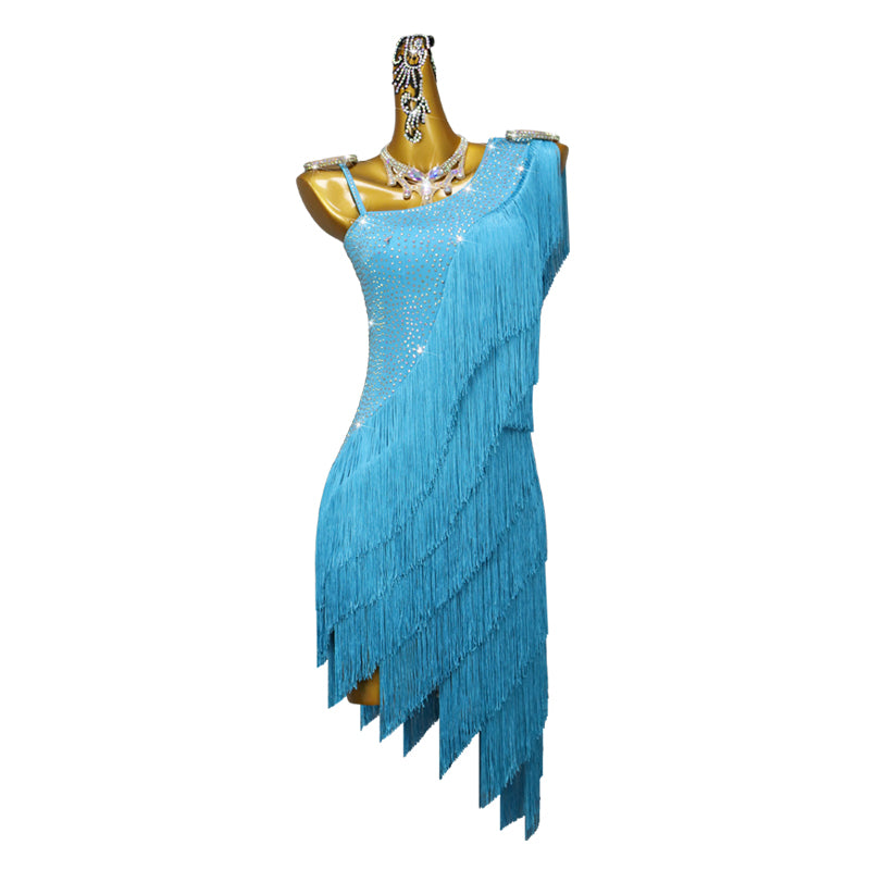 Turquoise Fringe Slant Neck Latin Dance Dresses for Women Girls Professional Fringed Salsa Rumba Chacha Dance Costumes