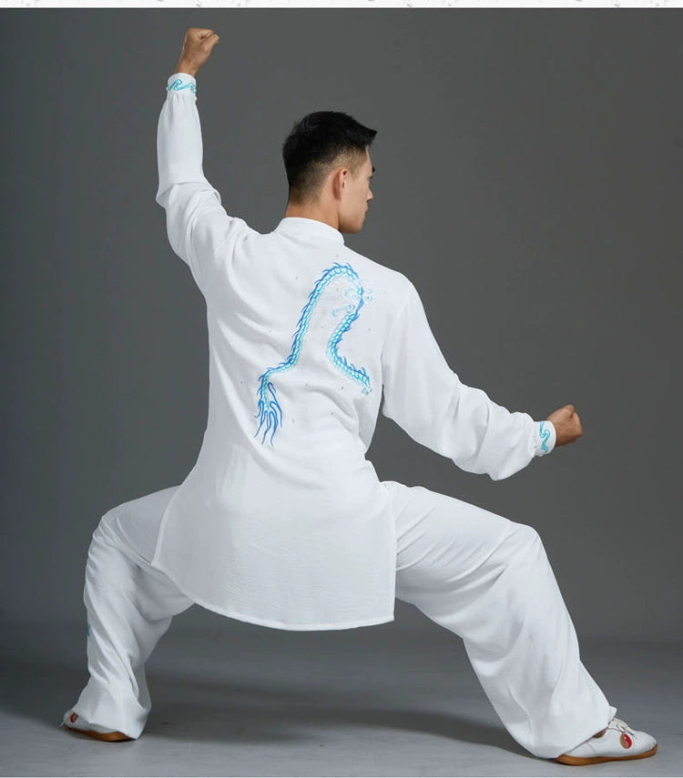 Custom Size White Blue Emboridered Chinese Dragon Tai Chi Clothing for Men Competition Wushu Martial Art Chinese Kung Fu Uniforms