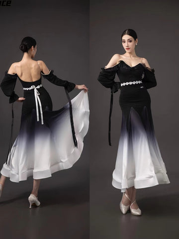 Black White Gradient Off Shoulder Ballroom Dance Dresses for Women Girls Waltz Tango Rhythm Fishbone Skirt